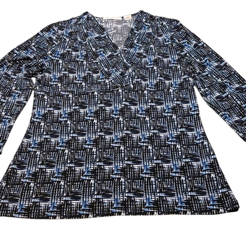 Liz Claiborne Patterned V-Neck Tunic In Black And Blue L EUC